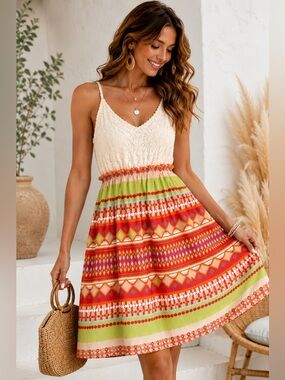 Boho Crochet‎ Bodice Sundress || Smocked Waist | Colorful Geometric Print